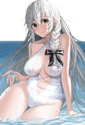 Rule 34 | 1girl, arm support, azur lane, black bow, blush, bow, braid, breasts, center opening, cleavage, commission, criss-cross halter, day, hair between eyes, hair bow, halterneck, hermione (azur lane), hermione (pure white holiday) (azur lane), highres, large breasts, long hair, looking at viewer, navel, ocean, one-piece swimsuit, ootani nonno, outdoors, sitting, smile, solo, swimsuit, very long hair, water, white hair, white one-piece swimsuit, yellow eyes, yokozuwari