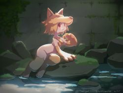 Rule 34 | 1girl, :t, absurdres, animal feet, animal hands, blonde hair, bottomless, breasts, closed mouth, commentary request, commission, fox hat, fu go fu go, full body, halterneck, highres, looking at viewer, moonlight flower, moss, navel, ragnarok online, red eyes, rock, second-party source, short hair, skeb commission, small breasts, solo, water