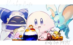 Rule 34 | absurdres, animal ears, blue eyes, car-mouth cake, cherry, closed eyes, disembodied limb, elfilin, food, fruit, gloves, highres, higuchi megumi, kirby, kirby (series), kirby cafe, magolor, mask, meta knight, mouse ears, nintendo, no humans, notched ear, rayman limbs, smile, solid oval eyes, star (symbol)