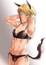 Rule 34 | 1boy, animal ears, armpits, arms up, blonde hair, blue eyes, blush stickers, bulge, crossdressing, elf, highres, kemonomimi mode, lingerie, link, looking at viewer, male focus, muscular, nintendo, pointy ears, solo, tail, tamatamako01, the legend of zelda, trap, underwear