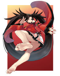 Rule 34 | 1girl, bare legs, bare shoulders, barefoot, blush, border, breasts, brown eyes, brown hair, china dress, chinese clothes, detached sleeves, dress, eiji (eiji), feet, fighting stance, foot focus, foreshortening, guilty gear, guilty gear xrd, hair ornament, hairclip, highres, kuradoberi jam, leg up, long hair, medium breasts, open mouth, simple background, skirt, solo, thighs, very long hair, white background, white border, wide sleeves