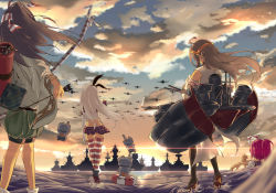 Rule 34 | 4girls, ahoge, aircraft, airplane, arrow (projectile), black ribbon, blonde hair, bow (weapon), brown hair, crop top, crossed arms, detached sleeves, double bun, elbow gloves, floating hair, from behind, gloves, hair bun, hair ribbon, hakama, hakama shorts, headband, headgear, high heels, highleg, highleg panties, holding, holding arrow, holding bow (weapon), holding weapon, horizon, i-168 (kancolle), japanese clothes, kantai collection, kimono, kongou (kancolle), long hair, machinery, midriff, military, military vehicle, miniskirt, multiple girls, nontraditional miko, outstretched arm, panties, partially submerged, pink hair, ponytail, reluvy, rensouhou-chan, ribbon, rudder footwear, school uniform, shimakaze (kancolle), ship, shorts, skirt, sky, standing, standing on liquid, stretching, thighhighs, underwear, warship, water, watercraft, weapon, white gloves, wind, yumi (bow), zuihou (kancolle)