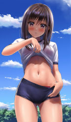 Rule 34 | 1girl, black hair, blue buruma, blue sky, blush, bra, bra visible through clothes, breasts, brown eyes, buruma, buruma pull, clothes lift, clothes pull, cloud, commentary request, day, gluteal fold, gym uniform, highres, lifted by self, long hair, looking at viewer, navel, original, outdoors, panties, panty peek, parted lips, pink bra, red panties, shirt lift, sidelocks, sky, small breasts, solo, standing, stomach, thighs, underwear, yukemuriganmo