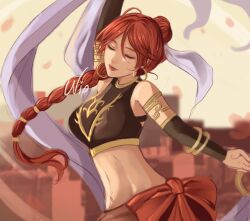 Rule 34 | 1girl, armlet, bangle, bare shoulders, bracelet, braid, braided ponytail, breasts, closed eyes, dancing, detached sleeves, fire emblem, fire emblem: the sacred stones, fire emblem heroes, highres, jewelry, lipstick, long hair, makeup, medium breasts, midriff, navel, nintendo, red hair, red lips, schereas, shawl, smile, solo, tethys (fire emblem), unfinished