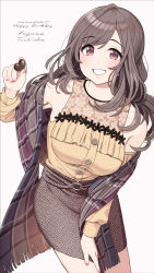 Rule 34 | 1girl, bad id, bad twitter id, bare shoulders, beige shirt, blush, breasts, brown hair, brown shirt, buttons, candy, character name, chocolate, chocolate heart, dated, detached sleeves, floral print, food, fringe trim, grin, happy birthday, heart, highres, idolmaster, idolmaster shiny colors, large breasts, long hair, looking at viewer, o-ring, omaru gyuunyuu, pink eyes, shawl, shirt, simple background, smile, solo, swept bangs, thighs, tsukioka kogane, white background