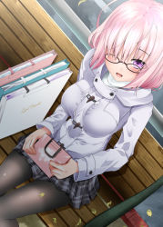 Rule 34 | 1girl, bag, bench, black pantyhose, blush, breasts, coat, duffel coat, dutch angle, fate (series), from above, glasses, hair over one eye, holding, jacket, looking at viewer, mash kyrielight, mash kyrielight (fgo x lawson), official alternate costume, open mouth, pantyhose, pink hair, plaid, plaid skirt, purple eyes, ribbed sweater, shirosuzu, short hair, sitting, skirt, solo, sweater, turtleneck, turtleneck sweater, white jacket, white sweater