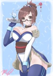 Rule 34 | 1girl, :o, bare shoulders, breasts, brown eyes, brown hair, collar, cowboy shot, dated, elbow gloves, eyes visible through hair, glass, glasses, gloves, hair bun, hair ornament, hair stick, japanese clothes, kimono, large breasts, looking at viewer, mei (overwatch), no bra, no panties, obi, overwatch, overwatch 1, sash, scarlet zel, short kimono, single hair bun, solo, thighhighs, tray