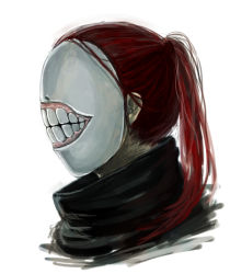 Rule 34 | 1boy, covered face, cropped shoulders, from side, male focus, mask, medium hair, noro (tokyo ghoul), ponytail, red hair, simple background, solo, straw like, teeth print, tokyo ghoul, white background