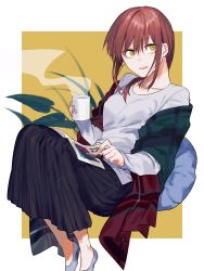 Rule 34 | 1girl, book, chainsaw man, cup, dress, eyebrows hidden by hair, hair between eyes, highres, holding, holding book, holding cup, long hair, looking at viewer, makima (chainsaw man), moegi0926, open mouth, red hair, shirt, sitting, smile, solo, yellow eyes