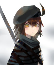 Rule 34 | 1girl, ahoge, arknights, bad id, bad pixiv id, beret, black hat, brown hair, chinese commentary, cloak, closed mouth, commentary request, hair between eyes, hat, highres, looking at viewer, mo mo qi, multicolored hair, plume (arknights), polearm, simple background, solo, two-tone hair, weapon, white background, white hair, yellow eyes