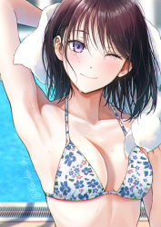 Rule 34 | 1girl, ;), arm up, armpits, bare arms, bare shoulders, bikini, blush, breasts, brown hair, cleavage, closed mouth, collarbone, commentary request, day, drying, drying hair, floral print, highres, kanden sky, looking at viewer, medium breasts, one eye closed, original, outdoors, poolside, print bikini, purple eyes, short hair, smile, solo, swimsuit, towel, twitter username, upper body, wet, white bikini