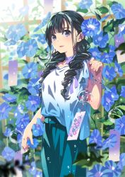 Rule 34 | 1girl, bf. (sogogiching), black eyes, blue flower, blue skirt, braid, choker, commentary request, earrings, floral print, flower, hair over shoulder, holding, jewelry, long hair, long skirt, looking at viewer, morning glory, morning glory print, original, outdoors, parted lips, purple ribbon, ribbon, ribbon choker, shirt, short sleeves, skirt, smile, solo, twin braids, water drop, white shirt, wind chime