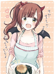 Rule 34 | 1girl, :d, apron, baran. (ba ra ran), border, breasts, brown hair, cleavage, collarbone, demon horns, demon wings, eighth note, fake horns, fake wings, gratin, green apron, green eyes, hair ornament, hair scrunchie, happy halloween, heart, highres, holding, holding plate, horns, idolmaster, idolmaster cinderella girls, igarashi kyoko, looking at viewer, medium breasts, musical note, notice lines, open mouth, orange background, pink scrunchie, pink shirt, plate, scrunchie, shirt, side ponytail, sidelocks, sleeves rolled up, smile, solo, spoken musical note, striped background, translation request, upper body, white border, wings
