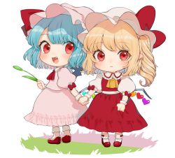 Rule 34 | 2girls, :&lt;, :d, ascot, blonde hair, blue hair, blush, bow, chibi, commentary request, dress, fang, flandre scarlet, frilled shirt collar, frills, full body, gotou (nekocat), hat, hat bow, hat ribbon, holding, holding hands, long hair, looking at viewer, multiple girls, one side up, open mouth, pink dress, pink hat, pointy ears, puffy short sleeves, puffy sleeves, red ascot, red bow, red eyes, red footwear, red ribbon, red skirt, red vest, remilia scarlet, ribbon, shirt, shoes, short hair, short sleeves, siblings, simple background, sisters, skirt, skirt set, smile, socks, standing, touhou, vest, white background, white hat, white legwear, white shirt, wrist cuffs, yellow ascot