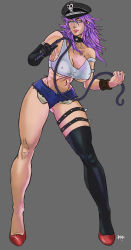 Rule 34 | 1girl, absurdres, blue eyes, blush, breasts, cap, choker, cleavage, covered erect nipples, elbow gloves, gloves, hat, high heels, highres, large breasts, lipstick, long hair, makeup, navel, non-web source, peaked cap, pink hair, poison (final fight), short shorts, shorts, solo, street fighter, tank top, thigh strap, thighhighs, underboob, whip