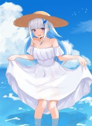 Rule 34 | absurdres, bare shoulders, blue hair, blue sky, clothes lift, cloud, collarbone, colored inner hair, commentary request, day, dress, dress lift, hat, highres, horizon, leaning forward, lifting own clothes, lize helesta, lower teeth only, multicolored hair, mushrooming man, nijisanji, open mouth, outdoors, purple eyes, shadow, silver hair, sky, smile, solo, standing, strapless, strapless dress, straw hat, streaked hair, summer, sundress, teeth, virtual youtuber, wading, water
