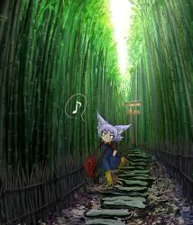Rule 34 | 1girl, animal ears, bag, bamboo, bamboo forest, blush, brown shirt, closed mouth, collar, commentary request, day, dog ears, doitsuken, fang, fang out, forest, hands in pockets, head tilt, highres, long hair, looking at viewer, musical note, nature, original, outdoors, overalls, pants, path, purple hair, red eyes, road, shirt, shoes, short hair, shoulder bag, sky, slit pupils, smile, solo, spiked collar, spikes, spoken musical note, standing, standing on one leg, torii, walking