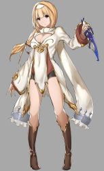 Rule 34 | 1girl, blonde hair, boots, breasts, brown eyes, center opening, cleavage, cleavage cutout, clothing cutout, dagger, dress, fantasy, full body, grey background, high heel boots, high heels, highres, holding, holding weapon, knee boots, knife, legs, long hair, long sleeves, looking at viewer, low-tied long hair, medium breasts, original, pigeon-toed, purple eyes, short shorts, shorts, simple background, solo, standing, thighs, weapon, white dress, yaman (yamanta lov)