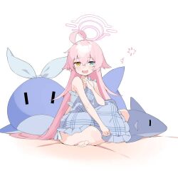 Rule 34 | 1girl, ahoge, bare arms, bare shoulders, barefoot, blue archive, blue eyes, bow, bra, chinese commentary, fang, feet, frilled bra, frills, hair between eyes, halo, heterochromia, hoshino (blue archive), light blush, long hair, looking at viewer, open mouth, pillow, pink hair, pink halo, ribbon, simple background, sitting, skin fang, solo, stuffed animal, stuffed dolphin, stuffed shark, stuffed toy, suimz, thighs, toes, underwear, white background, white bow, white ribbon, yellow eyes