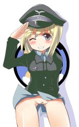 Rule 34 | 1girl, blonde hair, blue eyes, bottomless, commentary, comord, erica hartmann, female focus, grin, hat, no panties, one eye closed, pussy, salute, short hair, smile, solo, strike witches, uncensored, world witches series