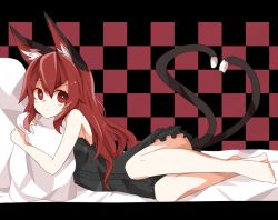 Rule 34 | 1girl, alternate hair length, alternate hairstyle, animal ears, bad id, bad pixiv id, barefoot, cat ears, cat girl, cat tail, female focus, heart, heart tail, kaenbyou rin, kuromari (runia), letterboxed, long hair, lying, multiple tails, on side, pillow, red eyes, red hair, solo, tail, touhou