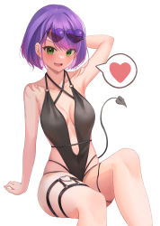 Rule 34 | 1girl, absurdres, andamiro, arm support, arm up, bare arms, black one-piece swimsuit, black tail, blush, bob cut, breasts, criss-cross halter, demon tail, ear piercing, eyewear on head, fang, green eyes, halterneck, heart, heart-shaped eyewear, heart o-ring, highleg, highleg swimsuit, highres, hololive, medium breasts, o-ring, o-ring swimsuit, o-ring thigh strap, one-piece swimsuit, open mouth, piercing, short hair, simple background, smile, solo, spoken heart, swimsuit, tail, tail ornament, tail piercing, thigh strap, thighs, tokoyami towa, virtual youtuber, white background