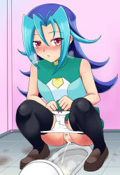 Rule 34 | 1girl, bathroom, black thighhighs, blue hair, blue shirt, blush, bow, bow panties, breasts, breath, brown eyes, brown footwear, censored, clothes lift, door, green shirt, green skirt, highres, kamishiro rio, large breasts, long hair, looking at viewer, panties, panty pull, parted lips, pee stain, peeing, pubic hair, pussy, shirt, skirt, skirt lift, squat toilet, squatting, stained panties, steam, sweat, tank top, teeth, thighhighs, toilet, toilet use, underwear, wet, wet clothes, wet panties, white panties, white shirt, yu-gi-oh!, yuu-gi-ou, yuu-gi-ou zexal
