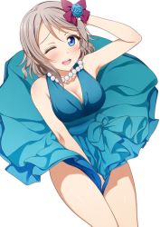 Rule 34 | 10s, 1girl, arm behind head, arm up, bare legs, bare shoulders, blue dress, blue eyes, bow, breasts, cleavage, dress, flower, hair bow, hair flower, hair ornament, jewelry, legs together, light brown hair, looking at viewer, love live!, love live! school idol festival, love live! sunshine!!, medium breasts, necklace, one eye closed, open mouth, pearl necklace, short hair, simple background, skirt hold, sleeveless, sleeveless dress, solo, suzume miku, teeth, watanabe you, white background, wind, wind lift
