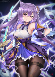 Rule 34 | 1girl, black pantyhose, blush, breasts, brown pantyhose, cone hair bun, cyicheng, dress, frilled gloves, frilled skirt, frills, genshin impact, gloves, hair bun, keqing (genshin impact), large breasts, long hair, looking at viewer, pantyhose, purple dress, purple eyes, purple gloves, purple hair, skirt, smile, solo, sword, thighs, twintails, weapon