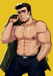 Rule 34 | 1boy, abs, bara, beard, body hair, brown hair, chest hair, facial hair, ace attorney, highres, dick gumshoe, large pectorals, looking at viewer, male focus, manly, muscular, nipples, pectorals, ruslorc, topless male, simple background, solo, thighs, upper body
