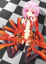 Rule 34 | 10s, 1girl, bare shoulders, breasts, center opening, detached sleeves, guilty crown, highres, leotard, long hair, navel, pink hair, red eyes, sitting, small breasts, solo, thighhighs, twintails, yoye (pastel white), yuzuriha inori