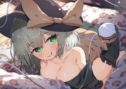 Rule 34 | 1girl, :q, absurdres, alternate breast size, bare legs, bare shoulders, barefoot, blush, breasts, cleavage, dfra, green eyes, green hair, green skirt, hat, heart, heart-shaped pupils, highres, indoors, kneeling, komeiji koishi, large breasts, looking at viewer, off-shoulder shirt, off shoulder, on bed, shirt, skirt, smile, solo, sun hat, symbol-shaped pupils, third eye, tongue, tongue out, touhou, yellow shirt