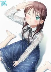Rule 34 | 1girl, absurdres, arm up, barefoot, between legs, black bra, black ribbon, blush, bra, bra visible through clothes, breasts, brown hair, collared shirt, commentary request, dress shirt, green eyes, grey background, hand between legs, highres, long hair, long sleeves, looking at viewer, makicha (sasurainopink), medium breasts, neck ribbon, one eye closed, original, parted lips, ribbon, school uniform, see-through, shirt, skirt, solo, underwear, wet, wet clothes, wet shirt, wet skirt