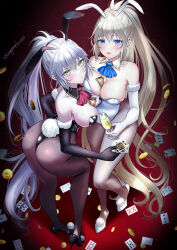 Rule 34 | 2girls, ace (playing card), ace of hearts, ass, bare shoulders, blonde hair, blue eyes, blush, braid, braided ponytail, breasts, cleavage, fate/apocrypha, fate/grand order, fate (series), grey hair, heart, high ponytail, highres, jack (playing card), jack of spades, jeanne d&#039;arc (fate), jeanne d&#039;arc (ruler) (fate), jeanne d&#039;arc alter (avenger) (fate), jeanne d&#039;arc alter (fate), large breasts, leotard, long hair, looking at viewer, multiple girls, omizu (omz), open mouth, playboy bunny, playing card, very long hair, yellow eyes