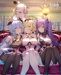 Rule 34 | 4girls, absurdres, bare shoulders, black pantyhose, blonde hair, blue hair, breasts, chinese clothes, cleavage, closed mouth, cone hair bun, crossed legs, detached sleeves, double bun, flower, ganyu (genshin impact), genshin impact, goat horns, hair bun, hair flower, hair ornament, hand on another&#039;s head, harem, highres, horns, kato (kato), keqing (genshin impact), large breasts, light blue hair, long hair, looking at viewer, lumine (genshin impact), multiple girls, ningguang (genshin impact), pantyhose, purple eyes, purple hair, red eyes, sitting, smile, thighhighs, white hair, white legwear, yellow eyes, yuri, zettai ryouiki