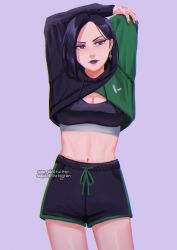 Rule 34 | 1girl, arms up, black hair, black shorts, black sports bra, breasts, cleavage, commentary, cropped hoodie, earrings, edie crop hoodie, english commentary, eyeshadow, forehead, green eyes, green nails, gym shorts, highres, hood, hood down, hoodie, instagram username, jewelry, lipstick, makeup, medium breasts, meme attire, midriff, nail polish, navel, purple lips, shorts, soap ai, solo, sports bra, standing, stretching, toned, twitter username, valorant, viper (valorant)