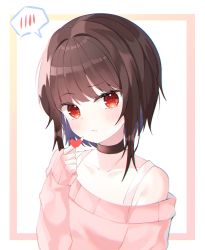 Rule 34 | 1girl, absurdres, alternate costume, bare shoulders, black choker, blush, border, brown hair, choker, closed mouth, collarbone, flat chest, frown, heart, highres, kono subarashii sekai ni shukufuku wo!, long sleeves, looking at viewer, megumin, nannung, outside border, pink border, pink sweater, pointing, pointing at self, red eyes, short hair, sleeves past wrists, solo, spoken blush, sweater, upper body, white background