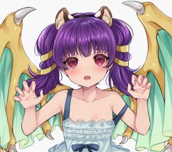 Rule 34 | 1girl, 2022, animal ears, bare shoulders, blue ribbon, blush, chinese zodiac, claw pose, dragon girl, dragon wings, dress, embarrassed, fake animal ears, fake tail, fire emblem, fire emblem: the sacred stones, flat chest, floral background, frilled dress, frilled skirt, frills, green wings, hair tie, hands up, happy new year, highres, long hair, looking at viewer, multi-tied hair, myrrh (fire emblem), new year, nintendo, open mouth, pale skin, purple hair, red eyes, ribbon, shimizu akina, shiny skin, shoulder blades, skirt, sleeveless, sleeveless dress, solo, spaghetti strap, standing, tail, tiger ears, tiger tail, twintails, upper body, white dress, wings, year of the tiger, yellow wings