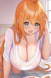 Rule 34 | 1girl, absurdres, ahoge, blue eyes, blush, braid, breasts, cleavage, collarbone, downblouse, hanging breasts, highres, komainu (yamaha1997), large breasts, leaning forward, long hair, long sleeves, open mouth, orange hair, pecorine (princess connect!), princess connect!, shirt, side braid, smile, solo, white shirt
