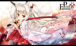 Rule 34 | 1girl, animal ears, copyright name, fox ears, fox tail, japanese clothes, katana, letterboxed, long hair, looking at viewer, miko, multiple tails, original, pixiv fantasia, pixiv fantasia fallen kings, red eyes, saru, slit pupils, solo, sword, tail, weapon, white hair, wide sleeves
