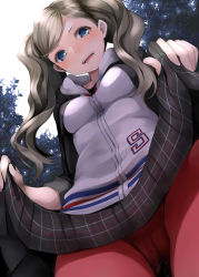 Rule 34 | 10s, 1girl, blonde hair, blue eyes, blush, breasts, cameltoe, clothes lift, highres, jacket, jersey, layered clothes, long hair, looking at viewer, nemu (nebusokugimi), open mouth, panties, pantyhose, pantyshot, persona, persona 5, plaid, plaid skirt, red pantyhose, skirt, skirt lift, smile, solo, takamaki anne, twintails, underwear, upskirt
