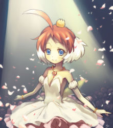 Rule 34 | 00s, 1girl, ahiru (princess tutu), ahoge, armpits, ballerina, ballet, bare shoulders, blue eyes, breasts, cleavage, crown, elbow gloves, gloves, hat, jewelry, matsuzawa hajime, multicolored hair, necklace, orange hair, pendant, petals, princess tutu, princess tutu (character), short hair, small breasts, smile, solo, tutu, two-tone hair
