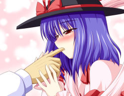 Rule 34 | 1girl, blue hair, blush, bococho, finger in own mouth, finger sucking, gradient background, hat, male hand, nagae iku, red eyes, saliva, shawl, short hair, solo, solo focus, touhou