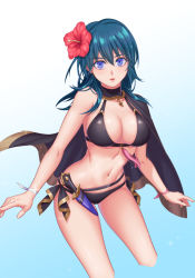 Rule 34 | 1girl, belt, bikini, black belt, black bikini, black cape, blue background, blue eyes, blue hair, bracelet, breasts, byleth (female) (fire emblem), byleth (female) (summer) (fire emblem), byleth (fire emblem), cape, cleavage, commentary request, cropped legs, fire emblem, fire emblem: three houses, fire emblem heroes, flower, gradient background, hair flower, hair ornament, halterneck, hibiscus, highres, jewelry, knife, large breasts, long hair, looking at viewer, navel, nintendo, official alternate costume, parted lips, red flower, sheath, sheathed, solo, sparkle, standing, suzuhiro, swimsuit, tassel