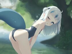 Rule 34 | 1girl, absurdres, ahoge, ass, bare arms, bare shoulders, blue eyes, blue hair, blue one-piece swimsuit, blunt bangs, blurry, blurry background, commentary, day, english commentary, female focus, fins, fish tail, gawr gura, grey hair, hair ornament, highres, hololive, hololive english, leaning forward, light blush, long hair, looking at viewer, lucasyecla99, multicolored hair, one-piece swimsuit, one eye closed, one side up, outdoors, parted lips, photo-referenced, river, shark girl, shark hair ornament, shark tail, solo, streaked hair, sunlight, swimsuit, tail, virtual youtuber, water
