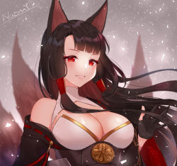 Rule 34 | 1girl, :d, akagi (azur lane), animal ears, artist name, azur lane, bare shoulders, black gloves, black hair, blunt bangs, blush, breasts, cleavage, cleavage cutout, clothing cutout, commentary request, corset, fox ears, fox girl, fox tail, gloves, gradient background, grey background, large breasts, long hair, long sleeves, looking at viewer, multiple tails, naomi (fantasia), off shoulder, open mouth, partially fingerless gloves, red eyes, ribbon trim, sidelocks, smile, solo, straight hair, tail, tassel, underbust, upper body, very long hair, wide sleeves