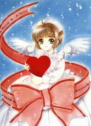 Rule 34 | 1990s (style), 1girl, cardcaptor sakura, clamp, female focus, heart, kinomoto sakura, retro artstyle, smile, solo, valentine, wings