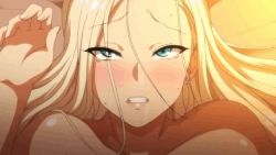 Rule 34 | 1girl, aiue oka, animated, animated gif, arms up, bare shoulders, blonde hair, blue eyes, blush, completely nude, implied sex, kurashiki reina, lips, looking at viewer, lying, nude, on back, on bed, open mouth, pov, rolling eyes, saimin seishidou, sweat, teeth, tongue, tongue out, upper body