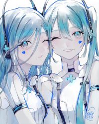 Rule 34 | 2girls, aqua theme, blue hair, commentary request, dress, hair between eyes, hatsune miku, headphones, heart, highres, hinomori shizuku, long hair, mole, mole under mouth, multiple girls, nekome toworu, one eye closed, parted lips, project sekai, short sleeves, simple background, smile, teeth, twintails, upper body, vocaloid, white background, white dress