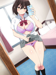 Rule 34 | 1girl, bed, black hair, blush, bow, bowtie, bra, breasts, cellphone, cleavage, closed mouth, clothes lift, day, floor, hair between eyes, highres, holding, holding phone, indoors, large breasts, legs, legs together, looking at mirror, looking at viewer, mirror, oekakizuki, open clothes, original, panties, pantyshot, phone, pillow, school uniform, selfie, short hair, skirt, skirt lift, smile, solo, standing, thighs, unbuttoned, underwear, uraaka joshi x off-pako, window, yellow eyes